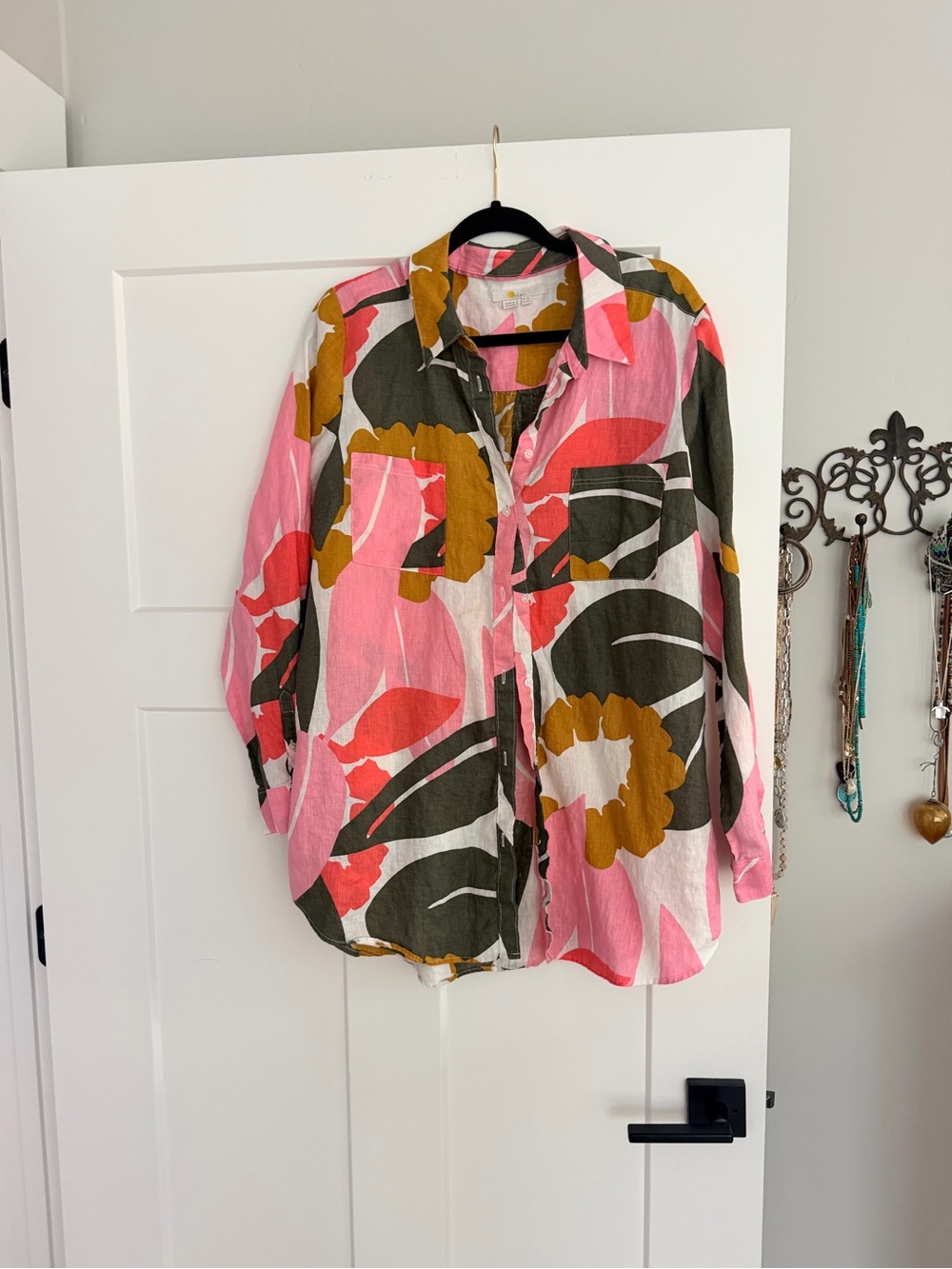 Boden Pink Floral Button-Down Shirt with Olive and Mustard Accents